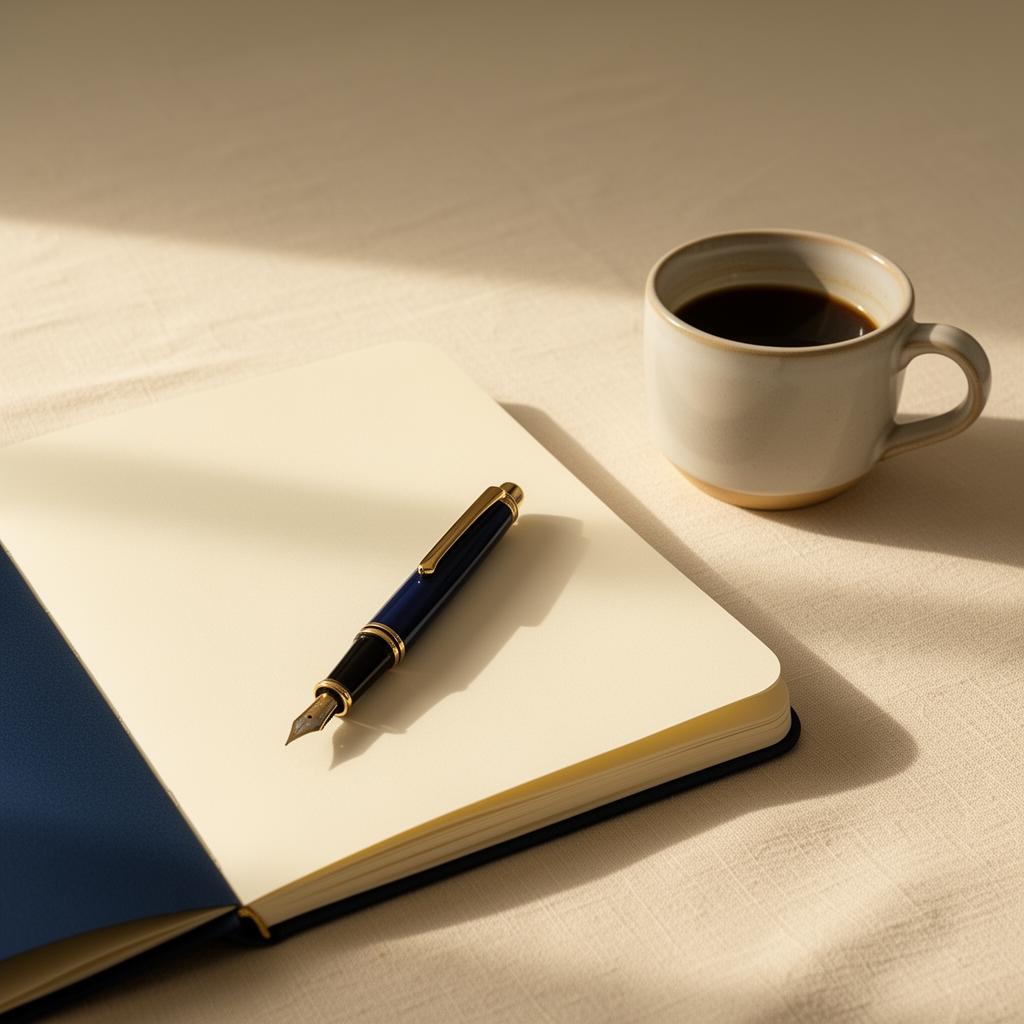 Notebook, fountain pen and coffee on a linen surface